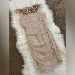 Bebe tan lace/beaded cocktail dress